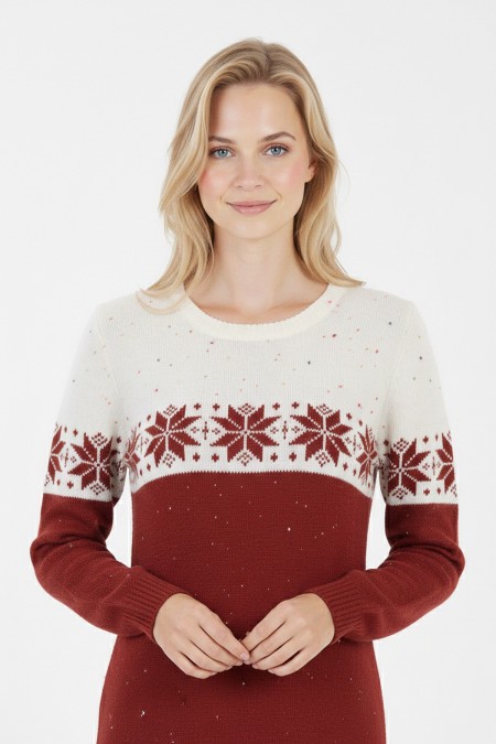 Kadın Kırmızı Kar Tanesi Desenli Bisiklet Yaka Uzun Kollu Jakarlı Mini Triko Kazak Elbise