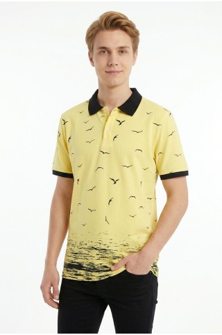 Erkek Martı Desenli Garnili Polo Yaka Kısa Kollu Slim Fit Pamuklu Tişört