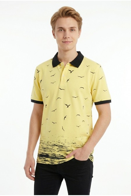 Erkek Martı Desenli Garnili Polo Yaka Kısa Kollu Slim Fit Pamuklu Tişört