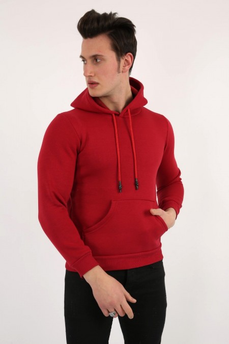 Üç İplik Şardonlu Kapşonlu Düz Erkek Günlük Sweatshirt
