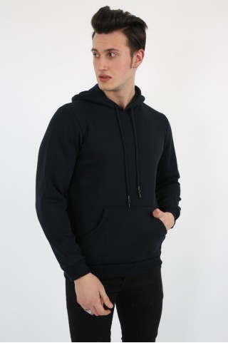  3 İplik Şardonlu Kapşonlu Düz Siyah Sweat