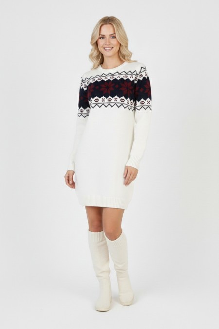 Kadın Beyaz Bel Desenli Bisiklet Yaka Standart Kol Jakarlı Örgü Triko Kazak Elbise