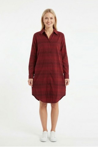 Kadın Bordo Yatay Çizgili Boydan Düğmeli Uzun Kollu Gömlek Tunik Elbise