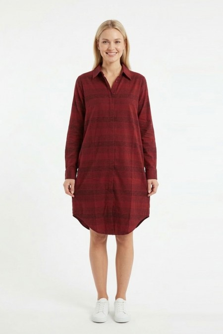 Kadın Bordo Yatay Çizgili Boydan Düğmeli Uzun Kollu Gömlek Tunik Elbise