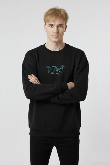 Erkek Siyah Oversize Bisiklet Yaka Kabartma Baskılı Pamuklu Sweatshirt