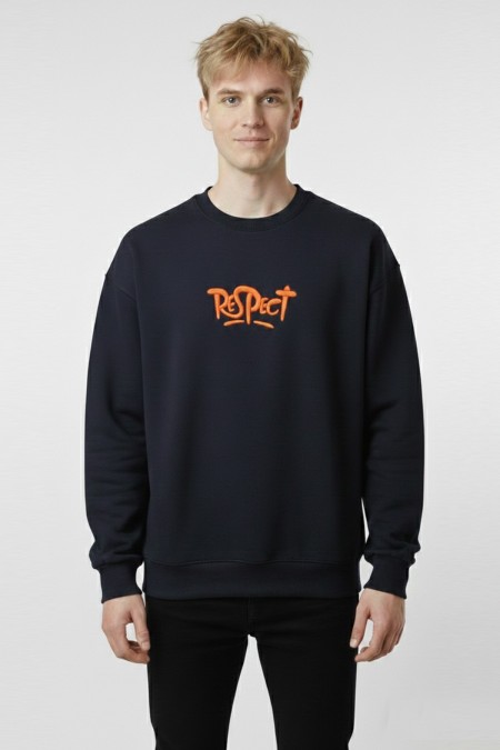 Erkek Lacivert Oversize Bisiklet Yaka Kabartma Baskılı Pamuklu Sweatshirt