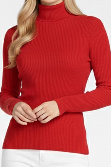 Kadın Kırmızı Balıkçı Yaka Uzun Kollu Fitilli Slim Fit Şık Günlük Triko Body