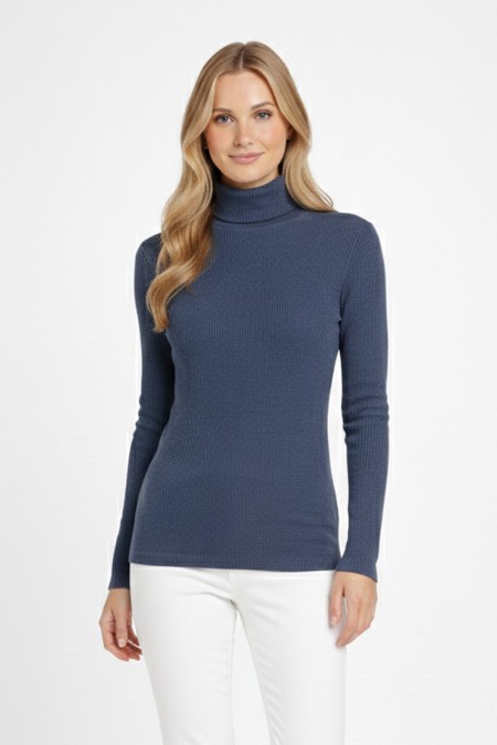 Kadın İndigo Balıkçı Yaka Uzun Kollu Fitilli Slim Fit Şık Günlük Triko Body