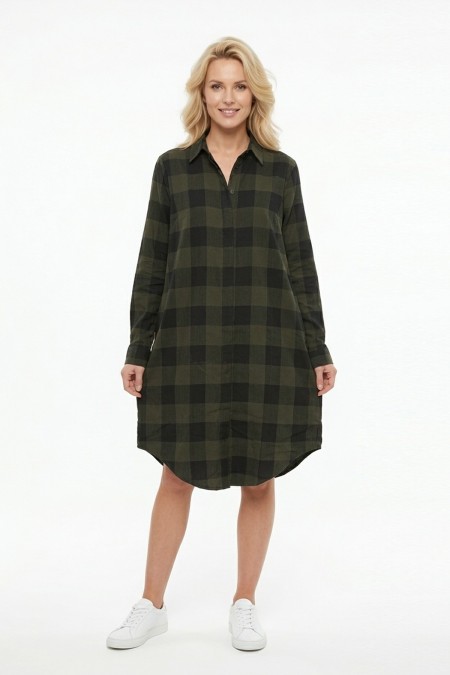 Kadın Haki Siyah Ekose Desenli Düğmeli Uzun Kollu Pamuklu Gömlek Tunik Elbise