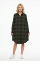 Kadın Haki Siyah Ekose Desenli Düğmeli Uzun Kollu Pamuklu Gömlek Tunik Elbise