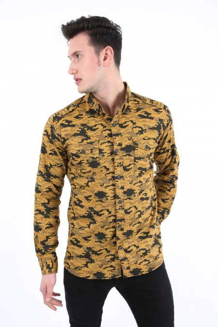 Erkek Kamuflaj Desenli Slim Fit Çift Cepli Apolet Detaylı Uzun Kollu Pamuklu Gömlek 