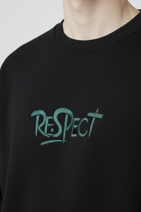 Erkek Siyah Oversize Bisiklet Yaka Kabartma Baskılı Pamuklu Sweatshirt