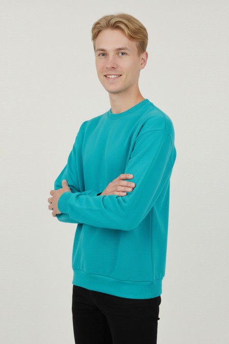 Erkek Turkuaz Mavisi Oversize Bisiklet Yaka Basic Pamuklu Üç İplik Şardonlu Sweatshirt