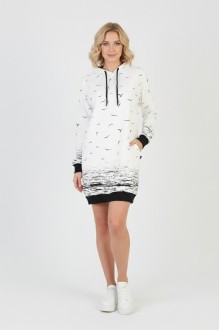 Kadın Beyaz Martı Desenli Kapüşonlu Cepli Uzun Kollu Jakarlı İnterlok Penye Sweatshirt Elbise