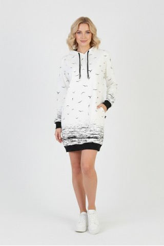 Kadın Beyaz Martı Desenli Kapüşonlu Cepli Uzun Kollu Jakarlı İnterlok Penye Sweatshirt Elbise