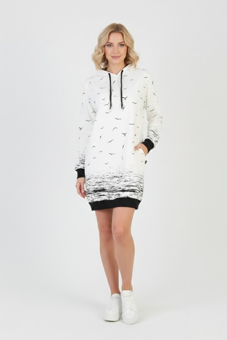 Kadın Beyaz Martı Desenli Kapüşonlu Cepli Uzun Kollu Jakarlı İnterlok Penye Sweatshirt Elbise