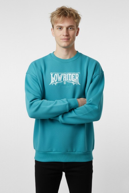 Erkek Yeşil Oversize Lowrider Sunday Nakışlı Bisiklet Yaka Pamuklu Sweatshirt