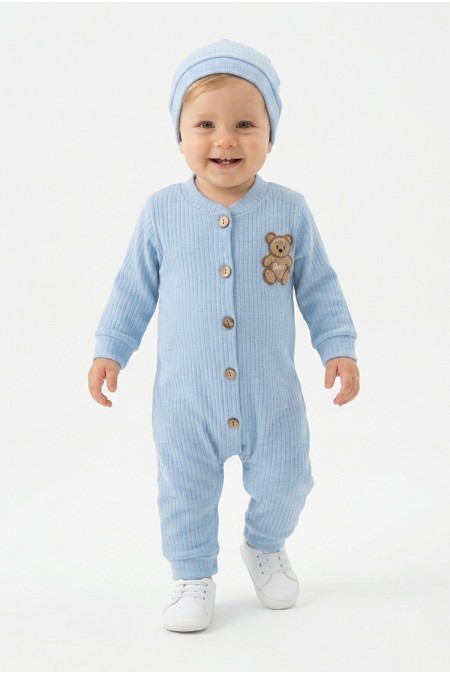 Şardonlu Bear Düğmeli Şapkalı Mavi Tulum 