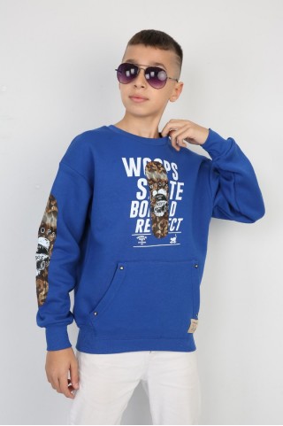 Üç İplik Şardonlu Baskılı Kanguru Cepli Erkek Çocuk Günlük Sweatshirt