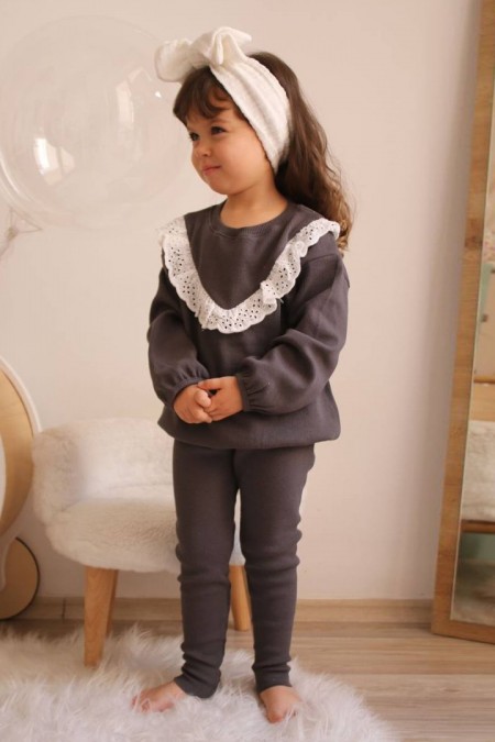 Kaşkorse Kumaş Güpürlü Antrasit Takım 