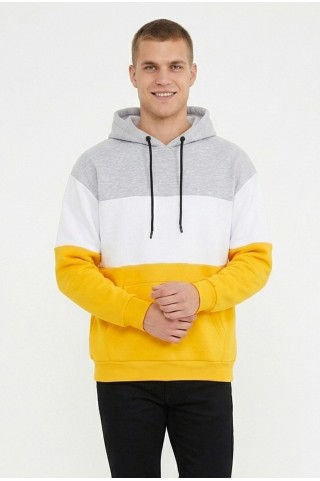 Erkek Üç İplik Şardonlu Kapüşonlu Kanguru Cepli Parçalı Günlük Sweatshirt
