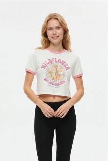 Kadın Papatya Baskılı Bisiklet Yaka Kısa Kollu Pamuklu Ringer Crop Tişört