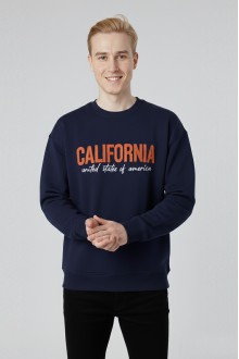 Erkek Lacivert Oversize Bisiklet Yaka California Nakış Baskılı Pamuklu Sweatshirt