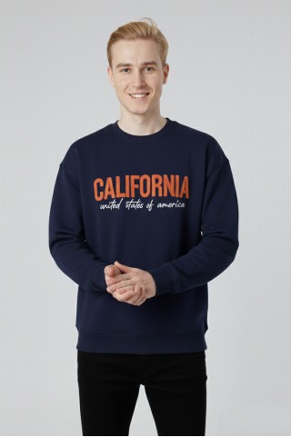 Erkek Lacivert Oversize Bisiklet Yaka California Nakış Baskılı Pamuklu Sweatshirt