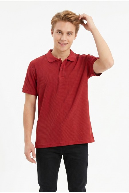 Erkek Kendinden Desenli Polo Yaka Kısa Kollu Slim Fit Dokulu Örme Tişört