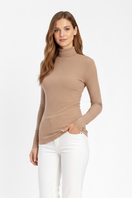 Kadın Kahve Balıkçı Yaka Uzun Kollu Fitilli Slim Fit Şık Günlük Triko Body