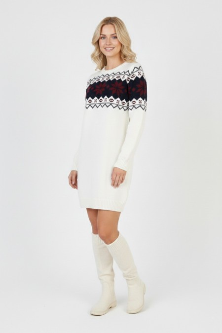 Kadın Beyaz Bel Desenli Bisiklet Yaka Standart Kol Jakarlı Örgü Triko Kazak Elbise