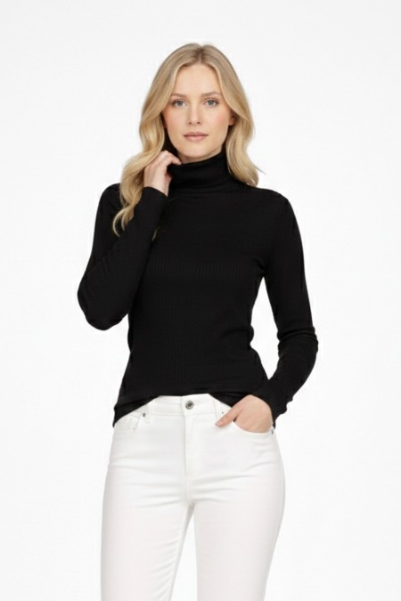 Kadın Siyah Balıkçı Yaka Uzun Kollu Fitilli Slim Fit Şık Günlük Triko Body