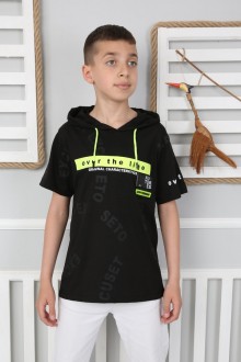 Kapşonlu Baskılı %100 Cotton Kumaş Siyah Tişört
