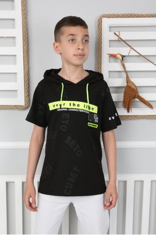Kapşonlu Baskılı %100 Cotton Kumaş Siyah Tişört