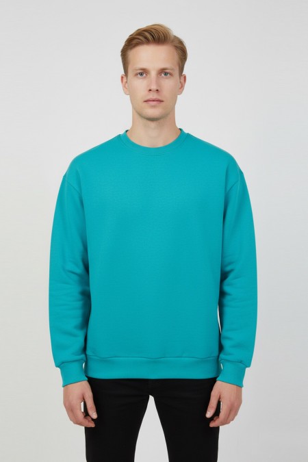 Erkek Turkuaz Mavisi Oversize Bisiklet Yaka Basic Pamuklu Üç İplik Şardonlu Sweatshirt