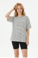 Kadın Yatay Çizgili Bisiklet Yaka Slim Fit Pamuklu Kısa Kollu Yazlık Tişört