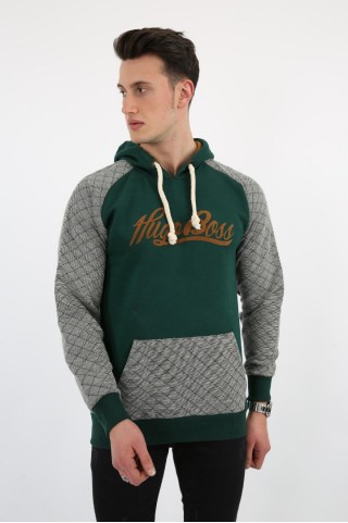 Üç İplik Şardonlu Kapşonlu Kanguru Cepli Baskılı Erkek Günlük Sweatshirt
