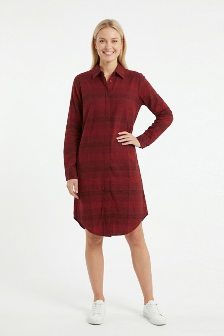 Kadın Bordo Yatay Çizgili Boydan Düğmeli Uzun Kollu Gömlek Tunik Elbise