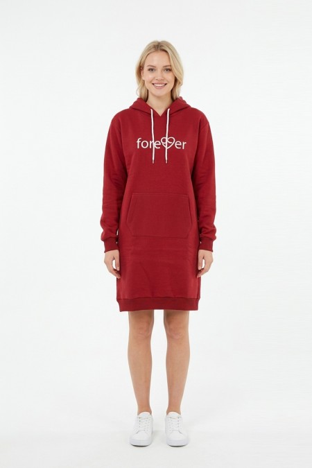 Kadın Bordo Forever Baskılı Kapüşonlu Kanguru Cepli Uzun Sweatshirt Tunik Elbise