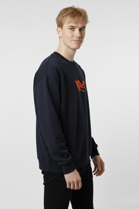 Erkek Lacivert Oversize Bisiklet Yaka Kabartma Baskılı Pamuklu Sweatshirt