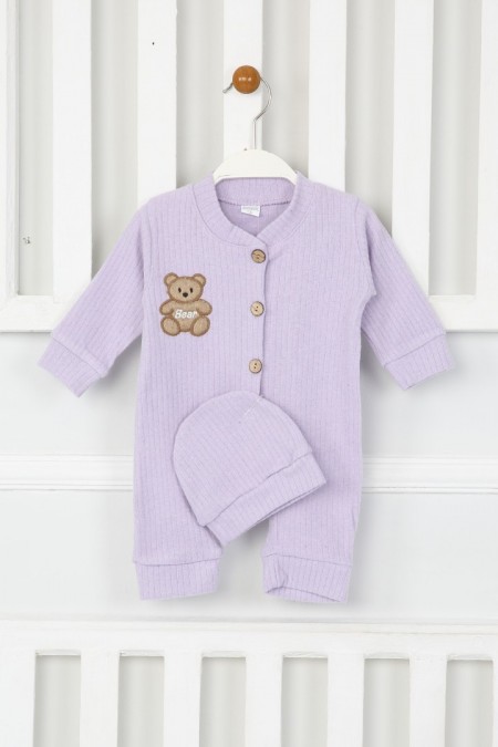 Şardonlu Bear Düğmeli Şapkalı Lila Tulum 