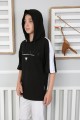 Kapşonlu Baskılı %100 Cotton Siyah Tişört