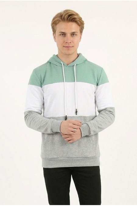 Erkek Üç İplik Şardonlu Kapüşonlu Parçalı Kanguru Cepli Günlük Sweatshirt