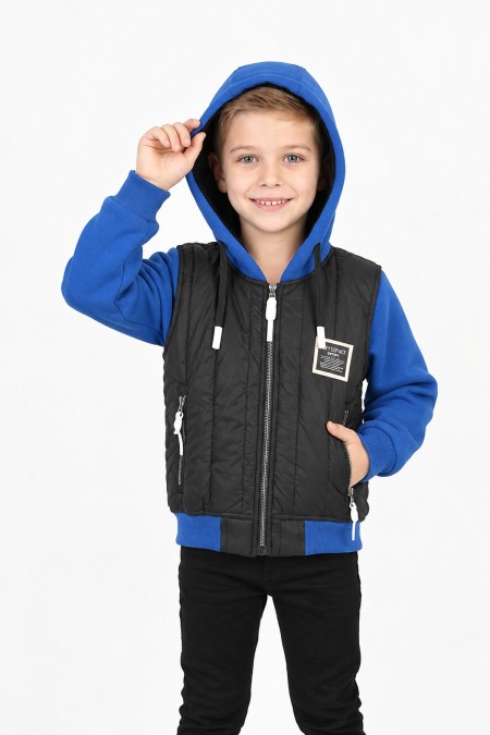  Erkek Çocuk Üç İplik Armalı Kapüşonlu Fermuarlı İçi Termal Kolları Polar Günlük Sweatshirt