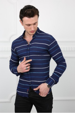 Kalın Çizgili Lacivert Gömlek