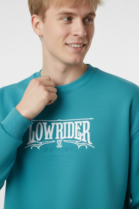 Erkek Yeşil Oversize Lowrider Sunday Nakışlı Bisiklet Yaka Pamuklu Sweatshirt