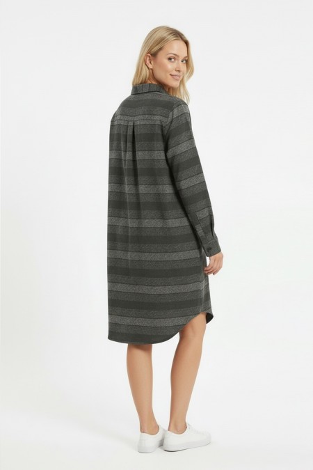 Kadın Haki Yatay Çizgili Boydan Düğmeli Uzun Kollu Gömlek Tunik Elbise
