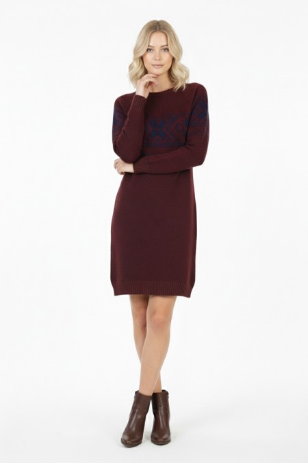  Kadın Bordo Kar Tanesi Desenli Bisiklet Yaka Raglan Kol Jakarlı Triko Mini Kazak Tunik