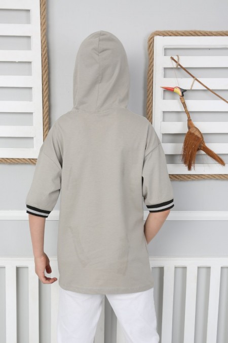  Kapşonlu Baskılı %100 Cotton Kumaş Taş Tişört