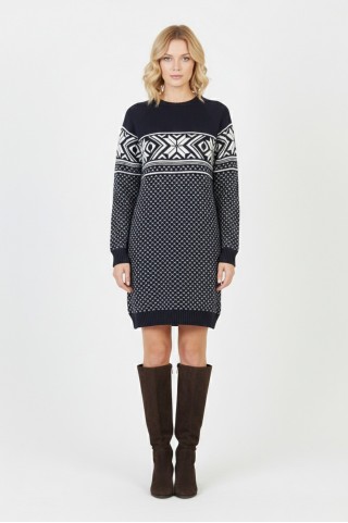  Kadın Lacivert Kar Tanesi Desenli Bisiklet Yaka Raglan Kol Jakarlı Triko Mini Kazak Tunik 